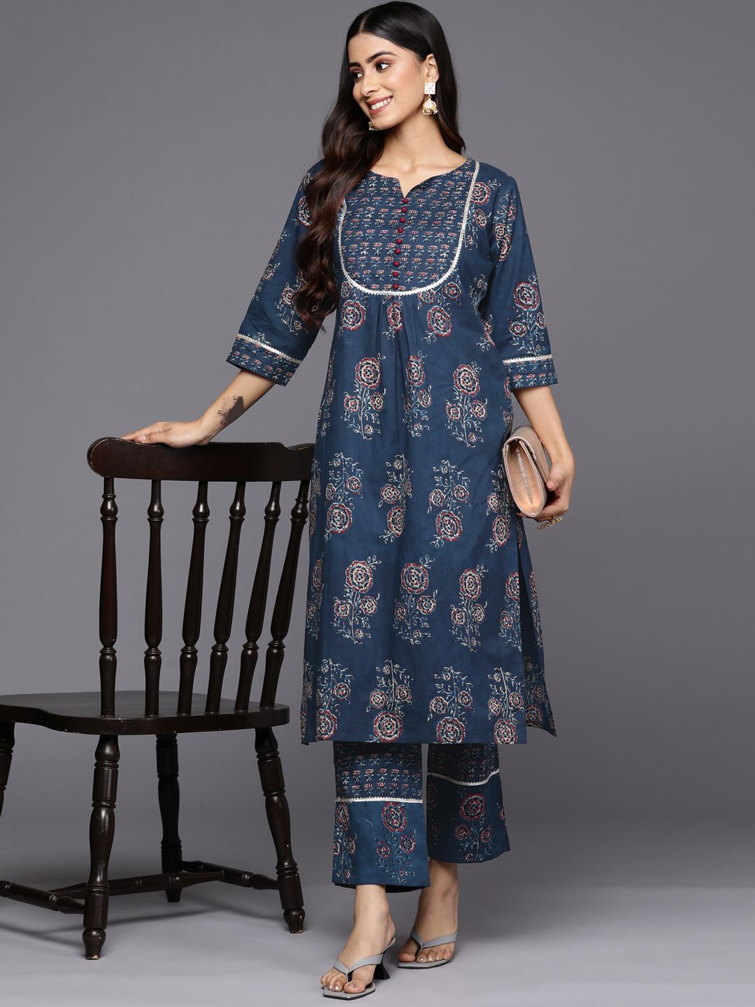 Libas Women Blue Floral Printed Gotta Patti Pure Cotton Kurta with Trousers