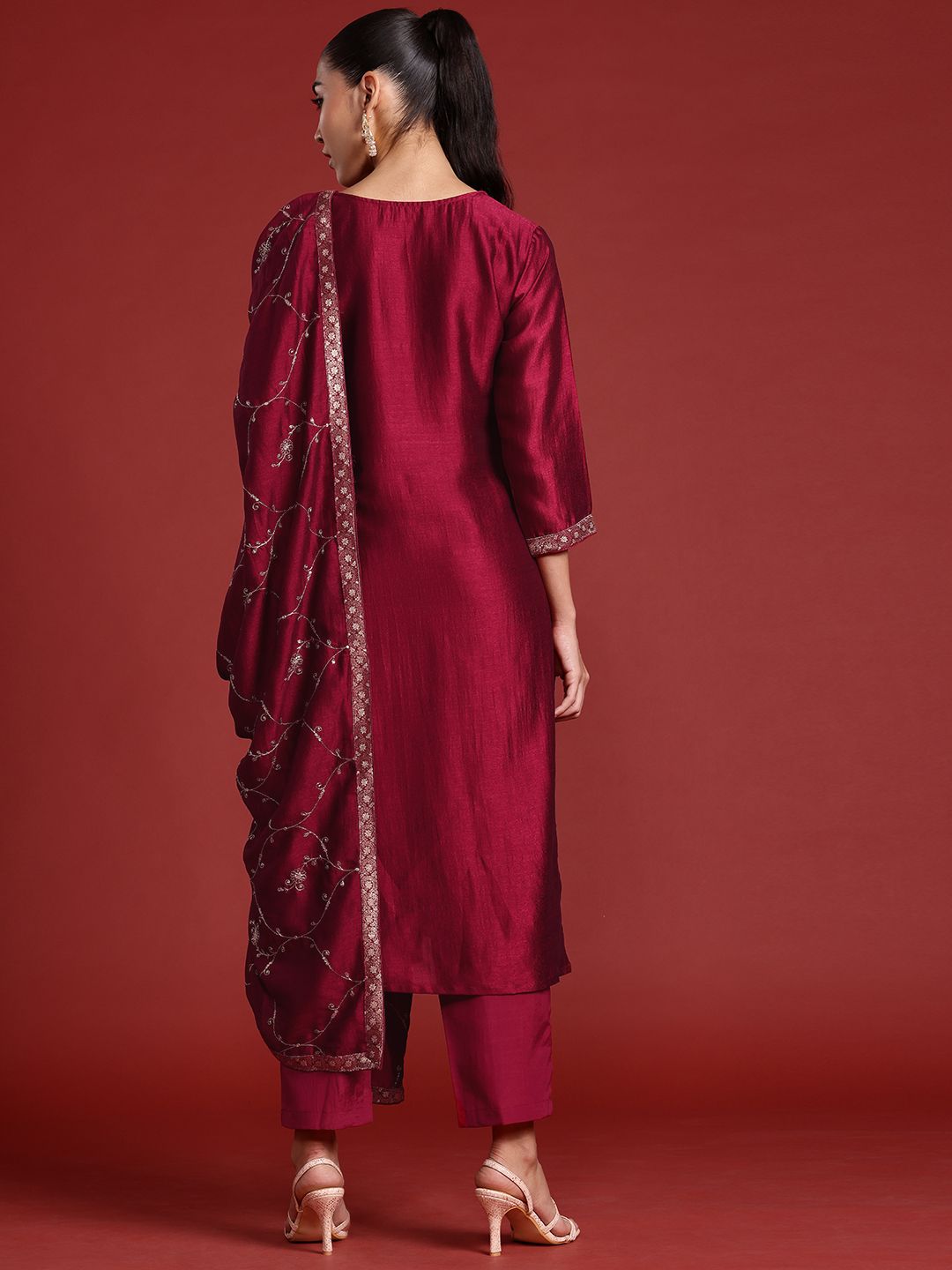Indo Era Floral Embroidered Zari Kurta With Trousers & Dupatta