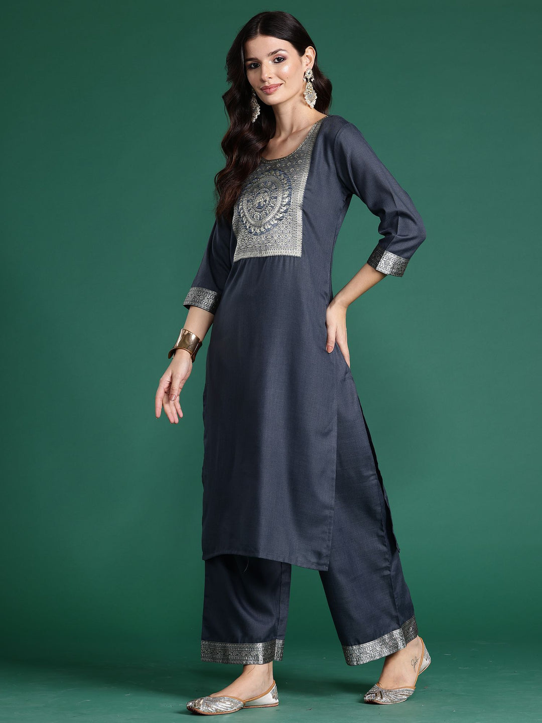 Indo Era Floral Printed Straight Kurta with Trouser And Dupatta