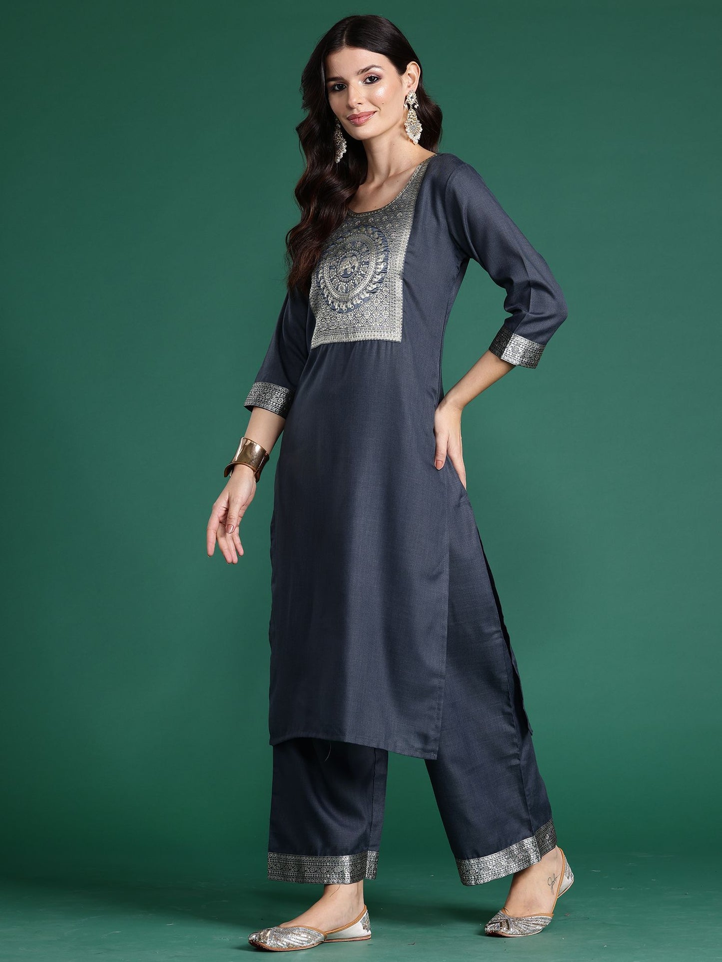 Indo Era Floral Printed Straight Kurta with Trouser And Dupatta