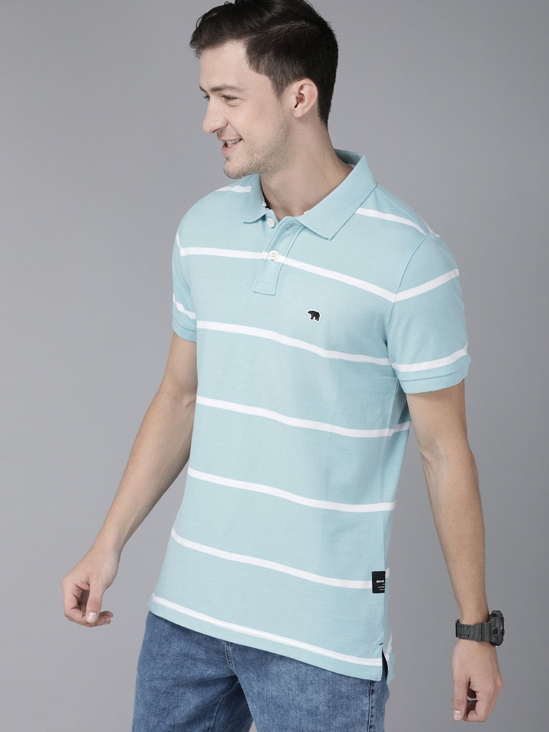 THE BEAR HOUSE Men Blue  White Striped Polo Collar Slim Fit Pure Cotton T-shirt