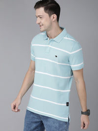 THE BEAR HOUSE Men Blue  White Striped Polo Collar Slim Fit Pure Cotton T-shirt