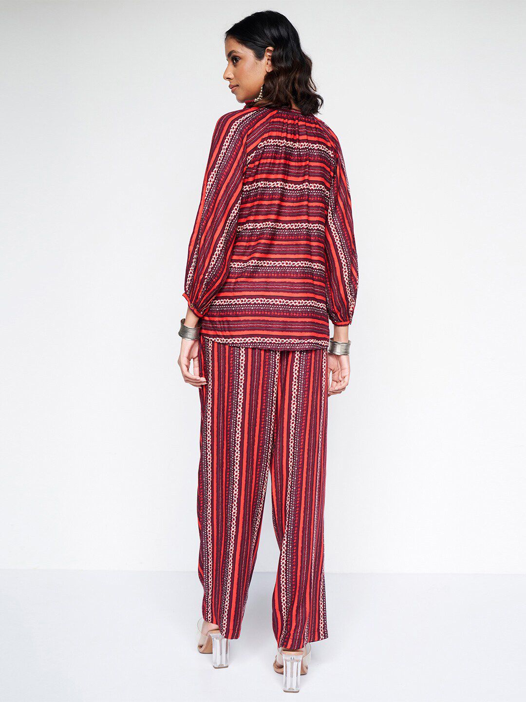 Global Desi Striped Mandarin Collar Tunic With Trouser