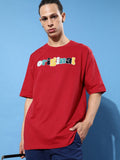Difference of Opinion Men Red Typography Embroidered Oversized Pure Cotton Longline T-shirt