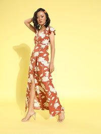Berrylush Brown Floral Romantic Wrap Dress