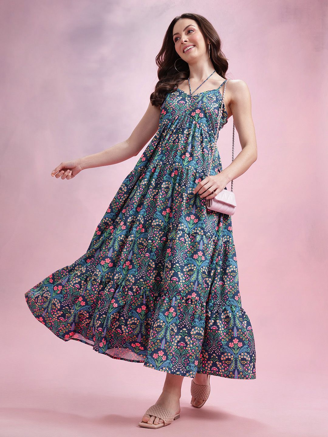 DressBerry Floral Print Tiered Empire Midi Dress