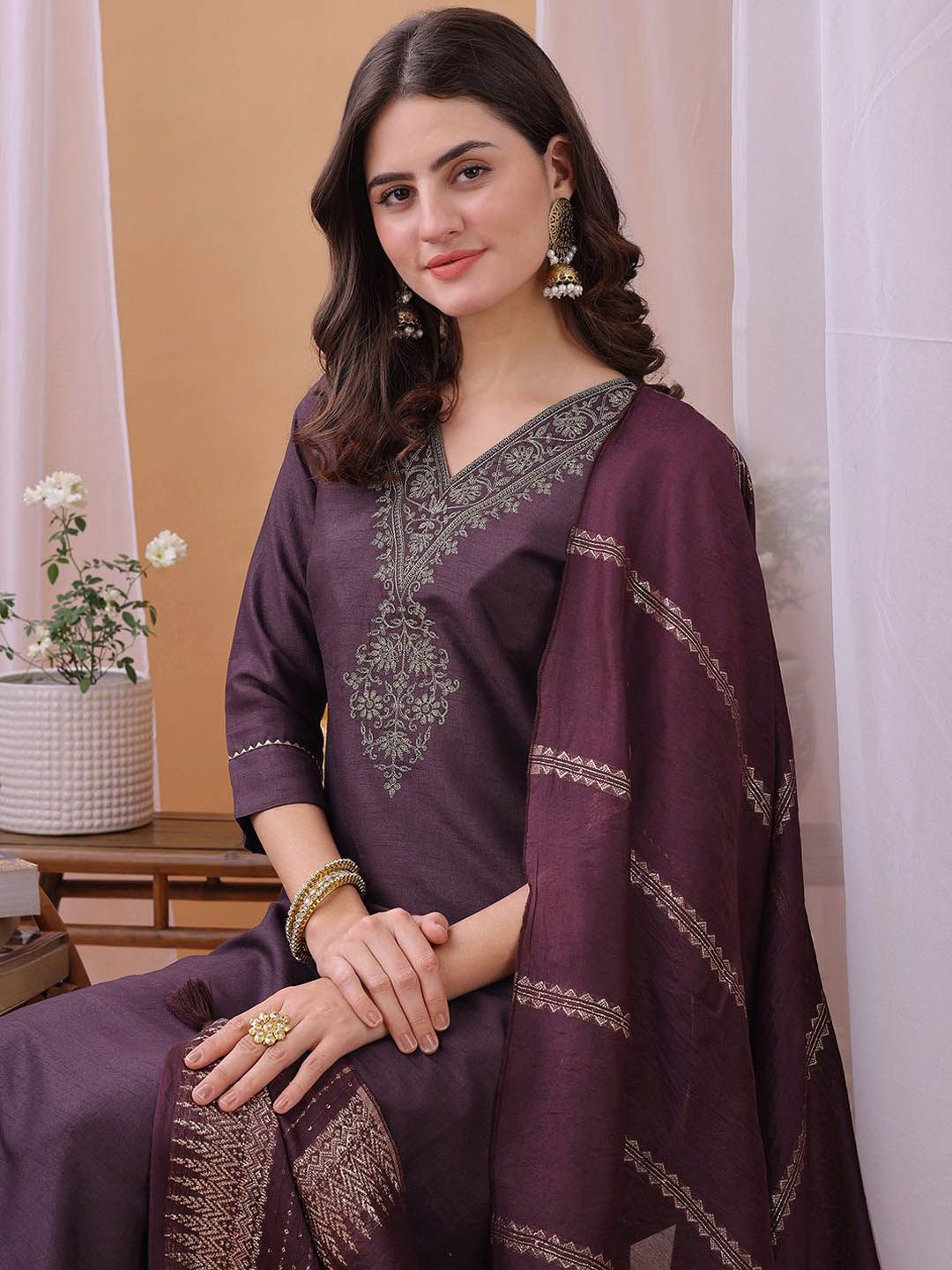 KALINI Yoke Design Sequinned Straight Kurta With Trousers And Dupatta