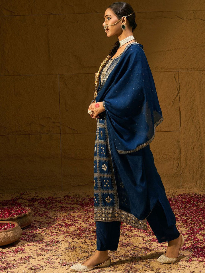 Indo Era Ethnic Motifs Embroidered Zari Straight Kurta with Trousers & Dupatta