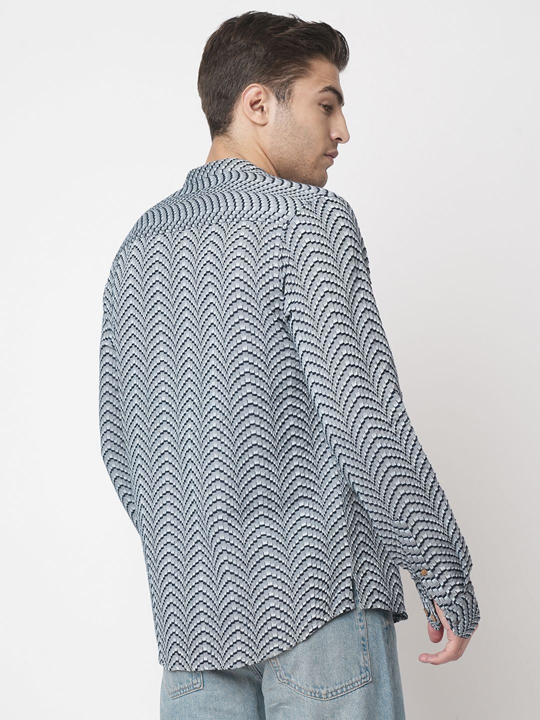 VASTRADO Abstract Woven Design Mandarin Collar Cotton Jacquard A-Line Short Kurta