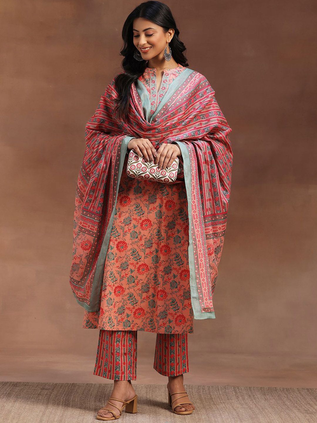 Libas Floral Printed Pure Cotton Kurta with Trousers & Dupatta