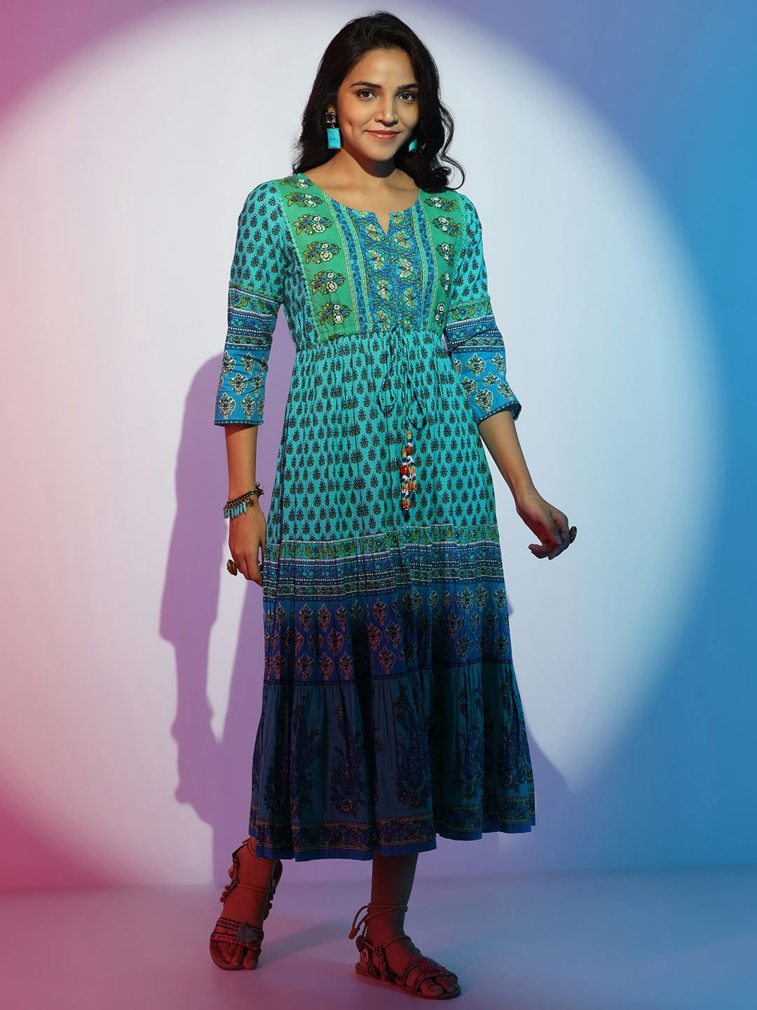 Libas Women Floral Printed Layered Fit & Flare Cotton Midi Dress