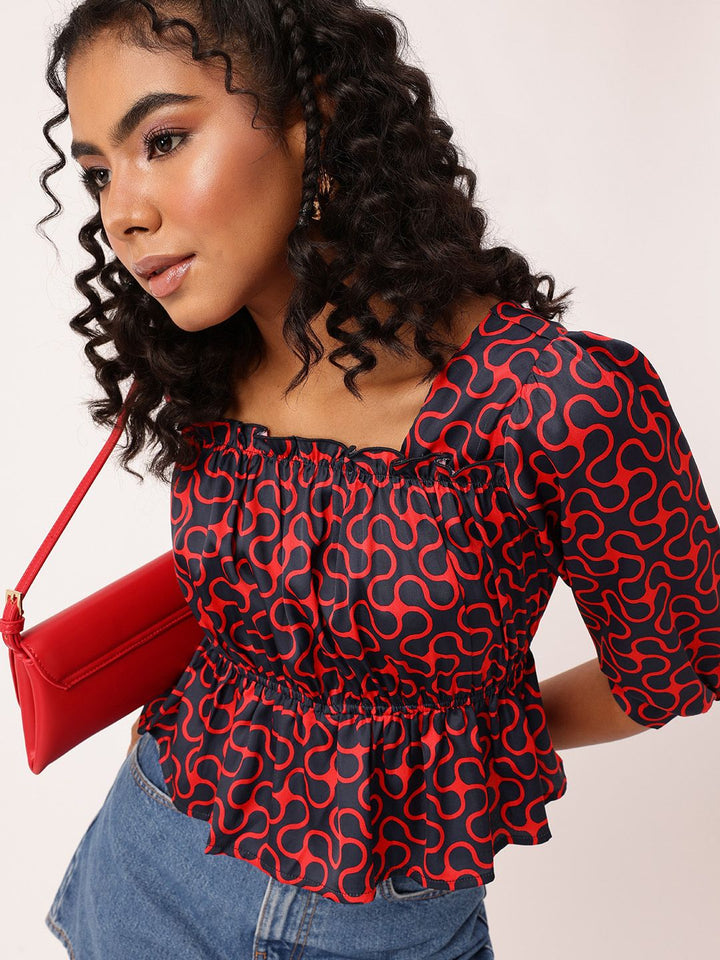 DressBerry Abstract Adventure Puff Sleeve A-Line Top