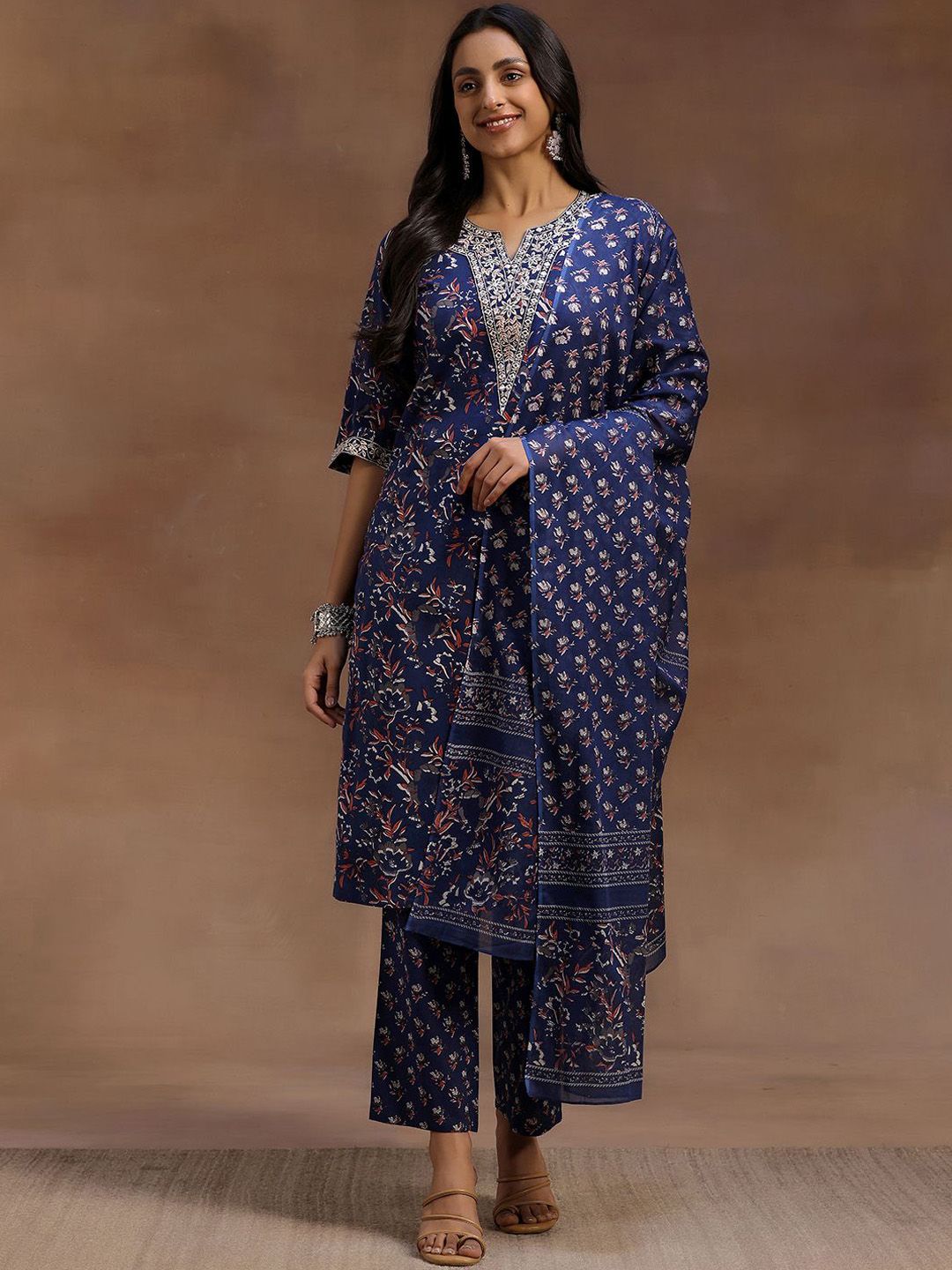 Libas Floral Printed Pure Cotton Straight Kurta With Trouser & Dupatta