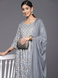 Libas Floral Yoke Design Pleated Thread Work Kurta with Trousers & With Dupatta