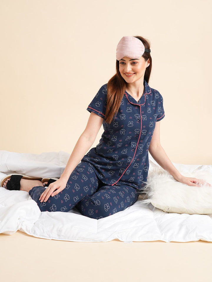 Sweet Dreams Navy Blue & White Conversational Printed Pure Cotton Night Suits