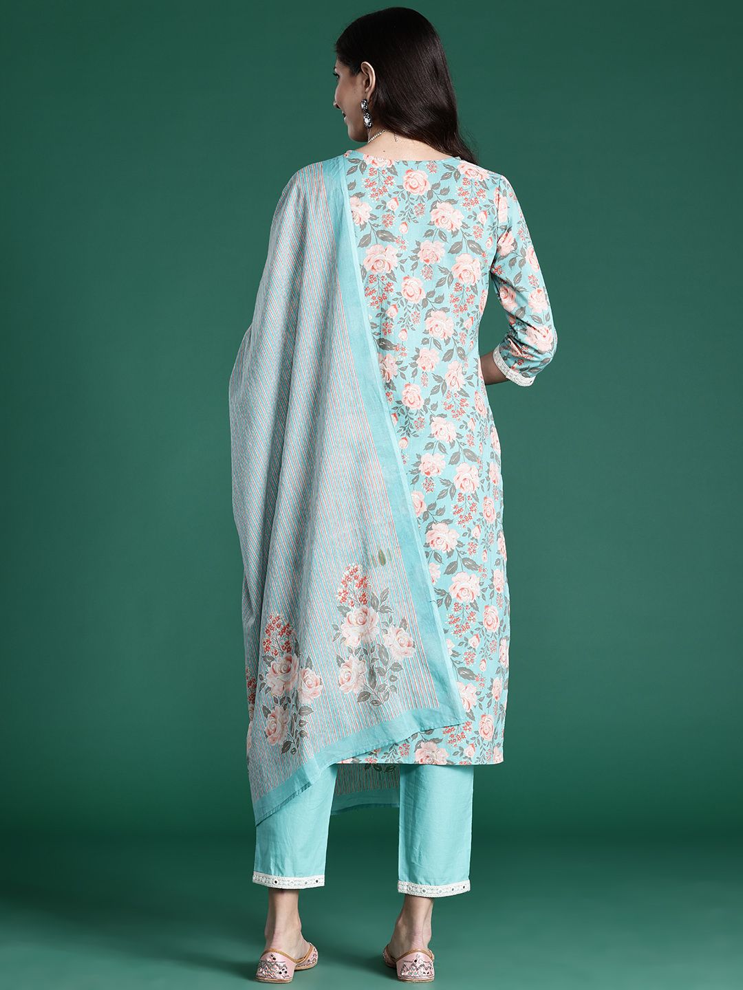 Indo Era Women Floral Printed Regular Mirror Work Pure Cotton Kurta with Trousers & With Dupatta