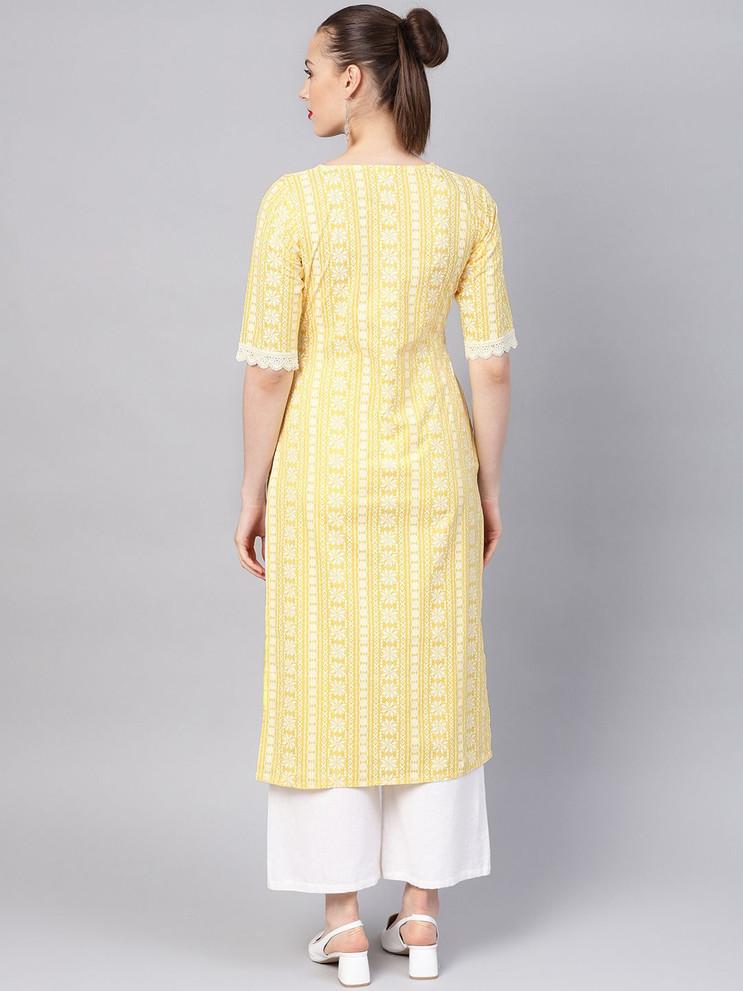 Libas Women Yellow & White Block Print Straight Kurta