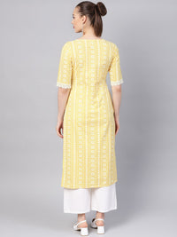 Libas Women Yellow & White Block Print Straight Kurta