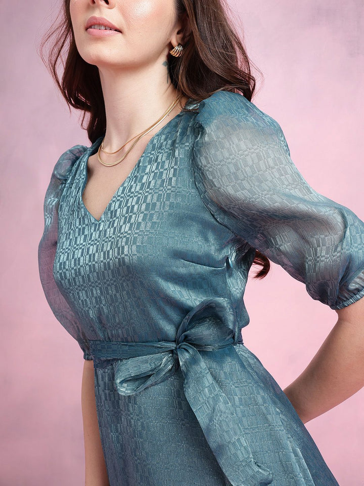 DressBerry Geometric Self-Design Puff Sleeves Party Fit & Flare Dress with Belt