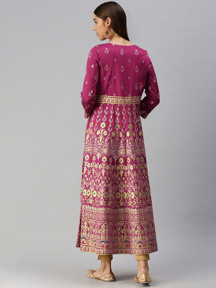 Global Desi Women Purple & Gold-Toned Floral Printed Anarkali Kurta