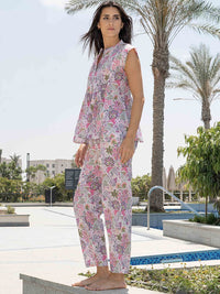 SANSKRUTIHOMES Floral Printed Mandarin Collar Pure Cotton Night Suit