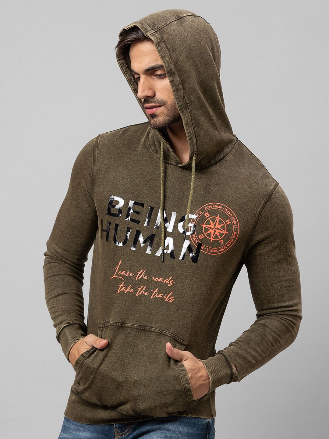 Being Human Men Olive Green Printed Hooded Cotton Sweatshirt