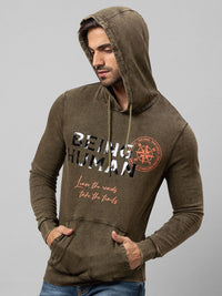Being Human Men Olive Green Printed Hooded Cotton Sweatshirt
