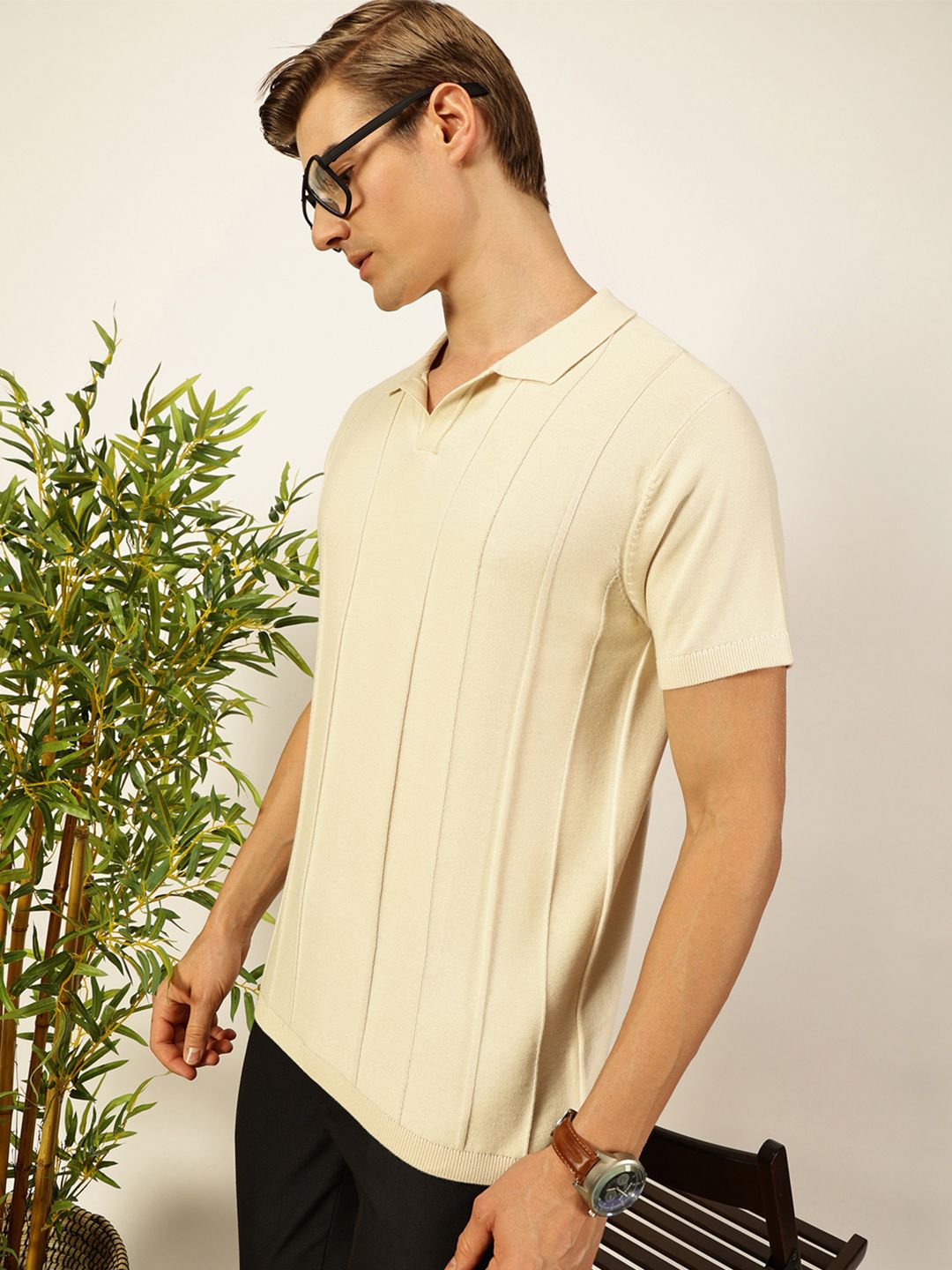 Thomas Scott Men Knit Striped Polo Collar Pure Cotton T-shirt