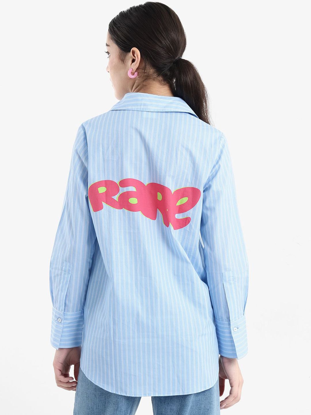 RAREISM Women Vertical Striped Cotton Shirt Collar Longline Top