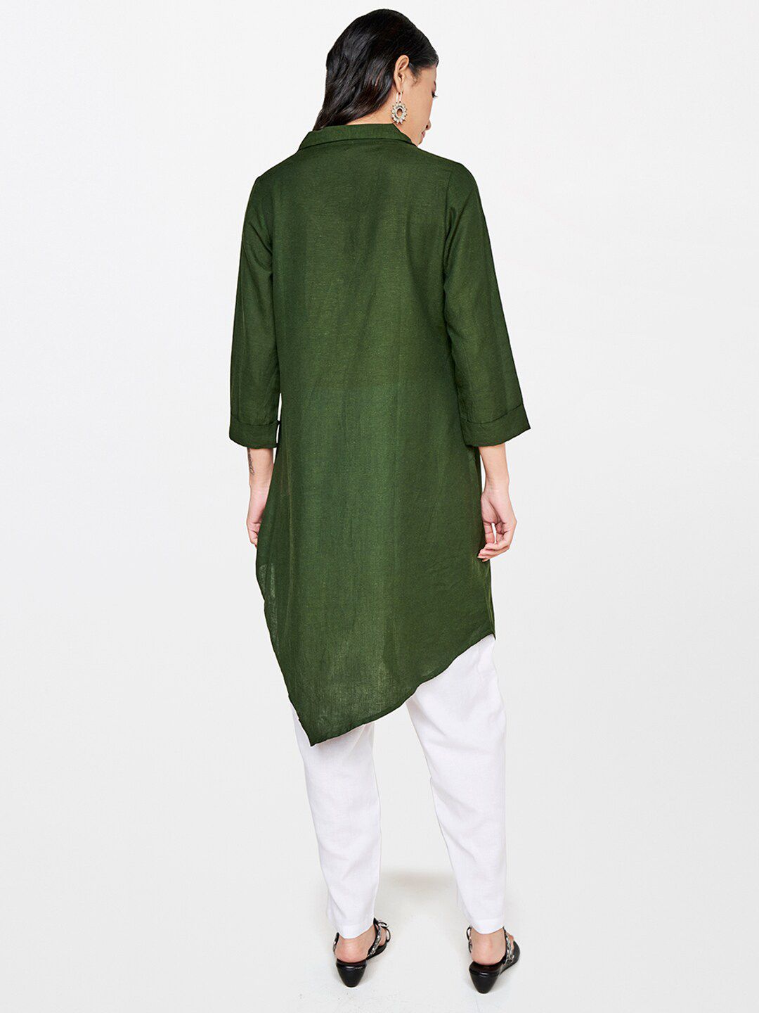 Global Desi Olive Green Viscose Rayon Shirt Collar Tunic