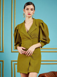 SASSAFRAS Olive Green Self Design V-Neck Puff Sleeves Self Design