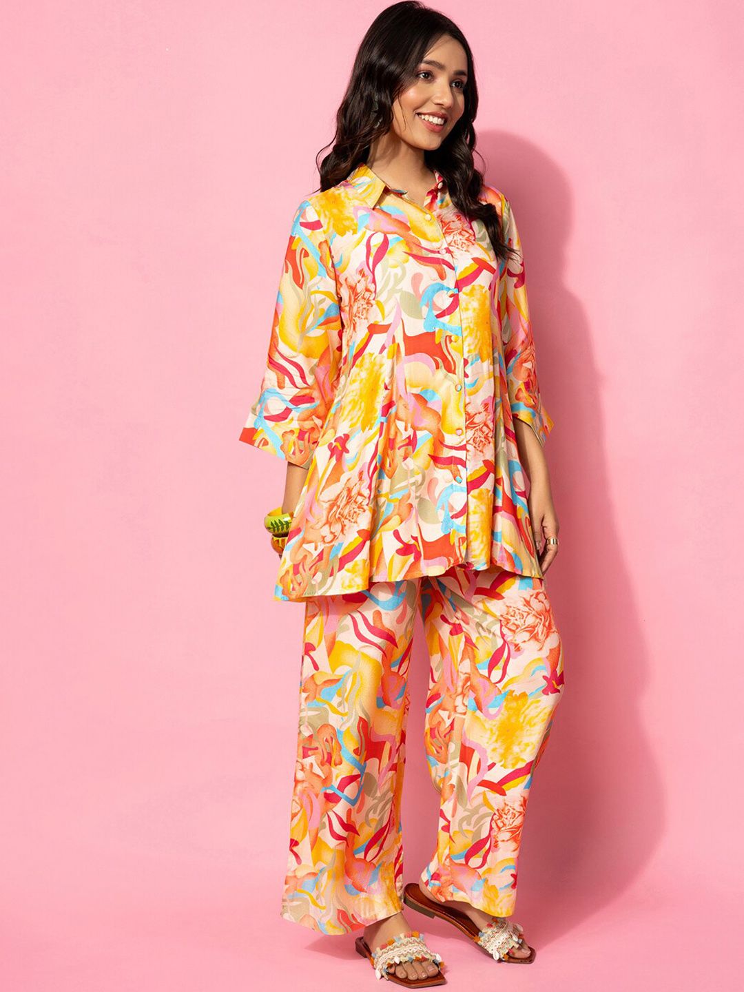 Libas Abstract Printed A-Line Shirt & Palazzo Set
