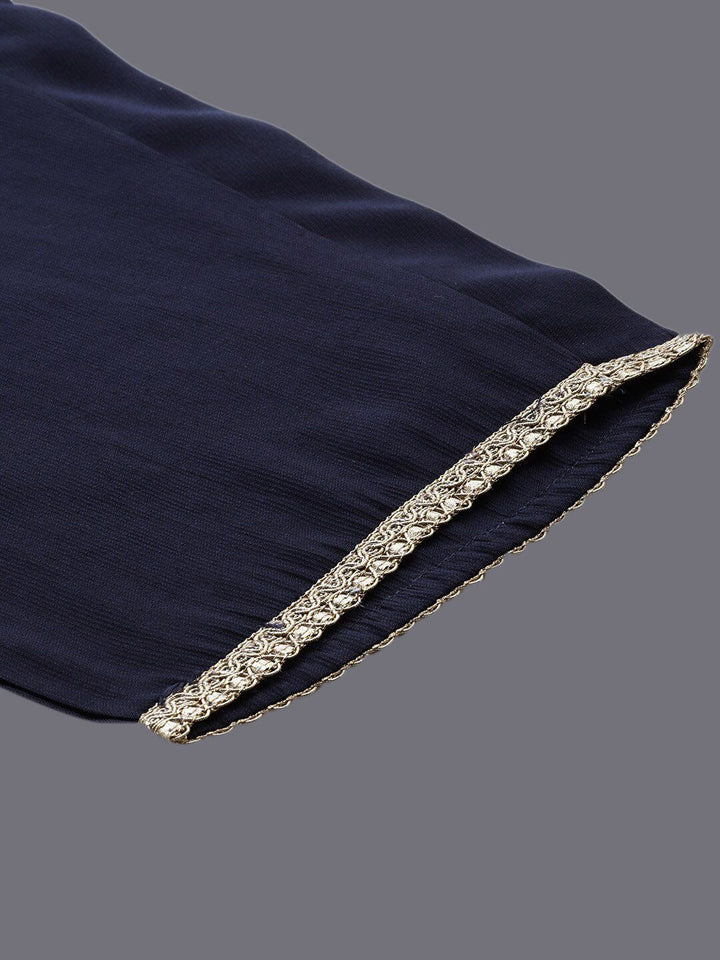 Indo Era Navy Blue Empire V-Neck Sequinned Kurta With Trousers & Dupatta