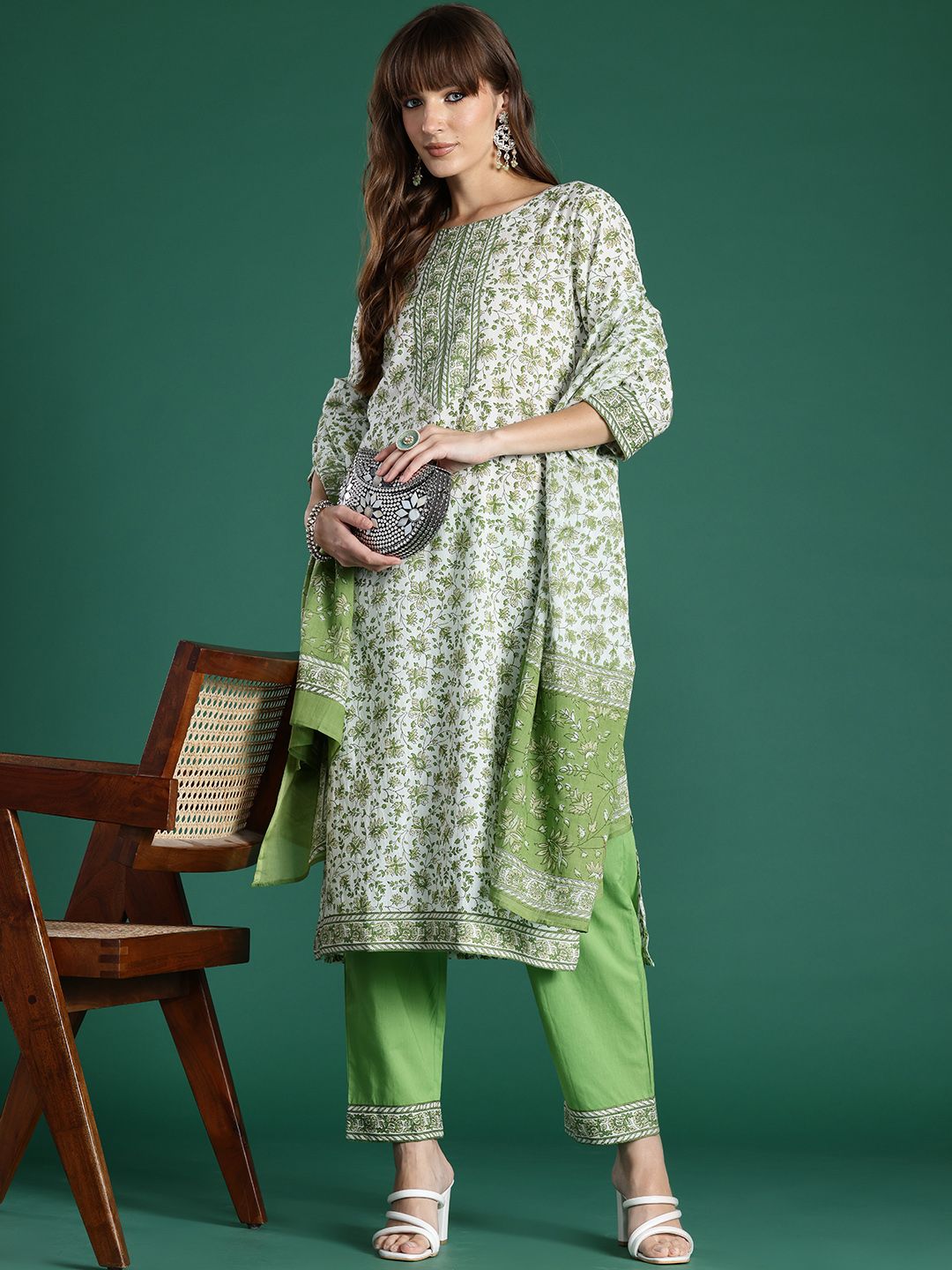 Indo Era Women Floral Printed Pure Cotton Kurta with Trousers & With Dupatta