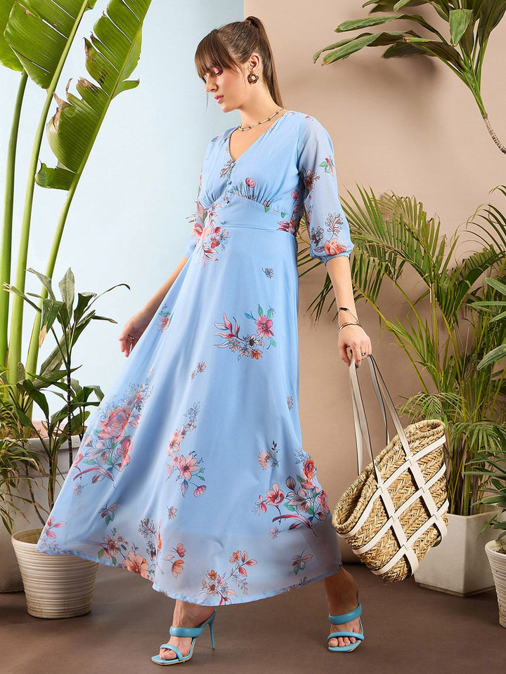 SASSAFRAS Blue & Peach-Coloured Floral Printed Maxi Dress