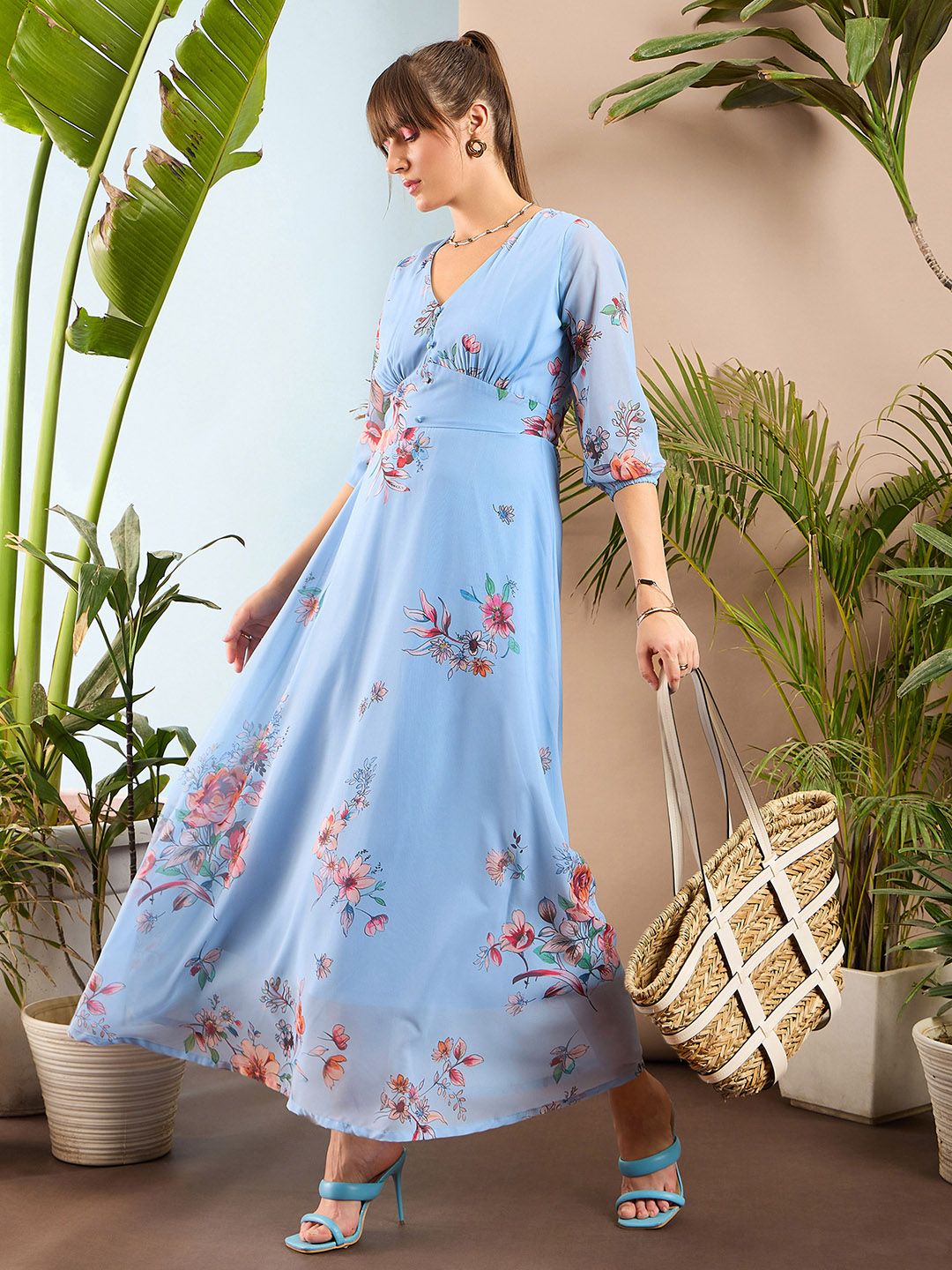 SASSAFRAS Blue & Peach-Coloured Floral Printed Maxi Dress