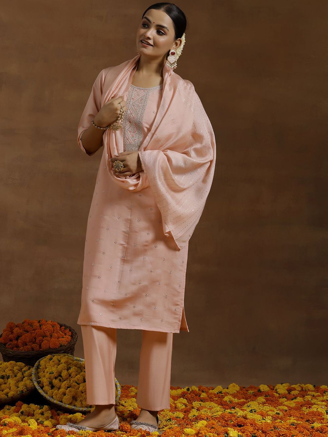 Gerua By Libas Floral Yoke Design Regular Sequinned Kurta With Trousers & Dupatta