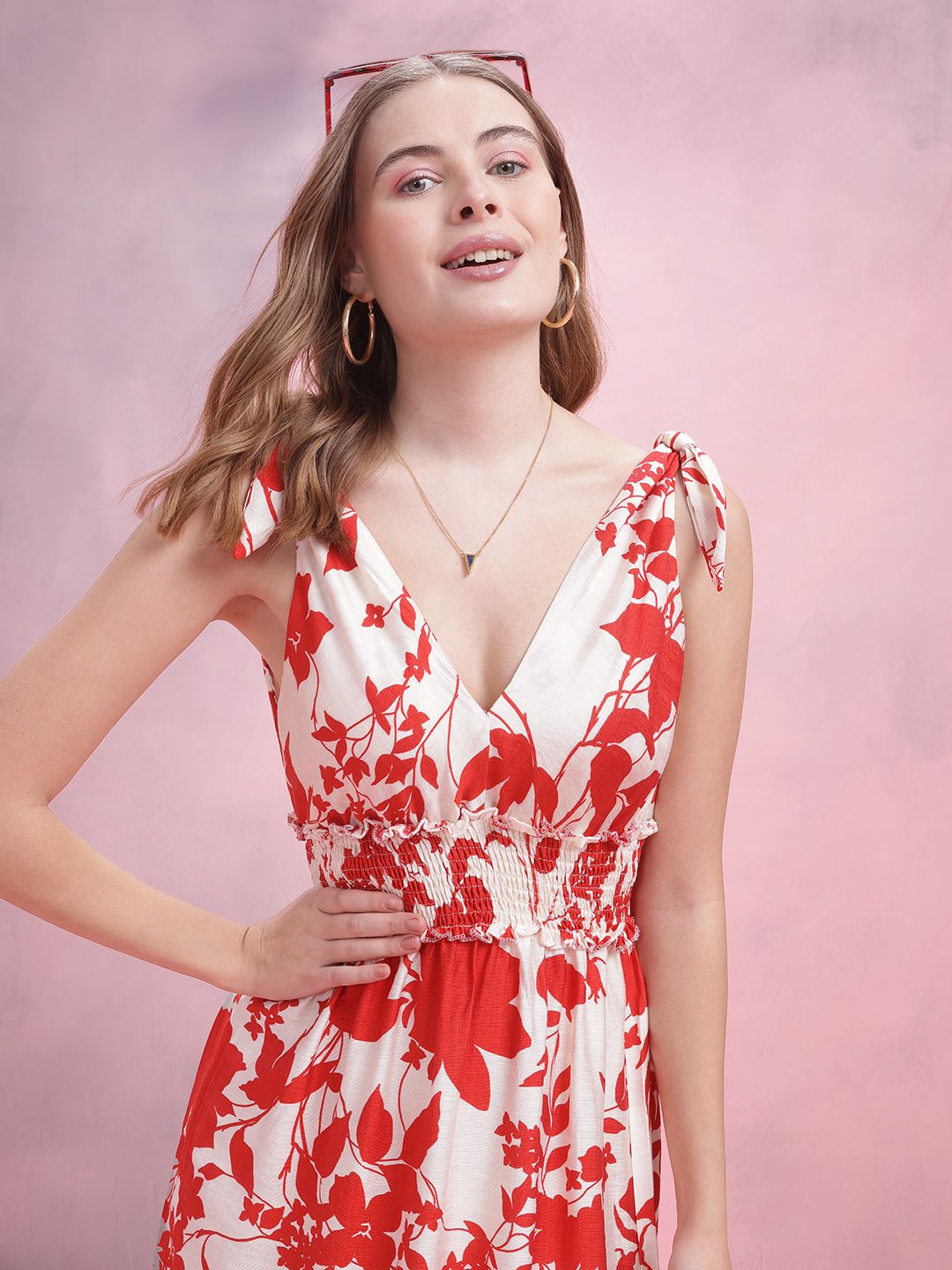 DressBerry Floral Print Smocked Midi A-Line Dress