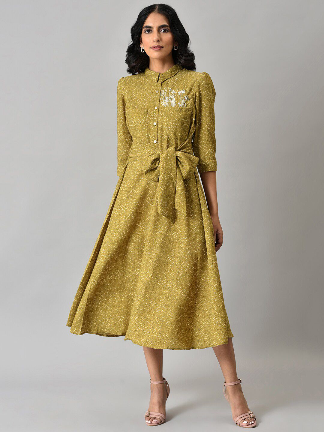 W Women Yellow Waist Belted A-Line Midi Dress