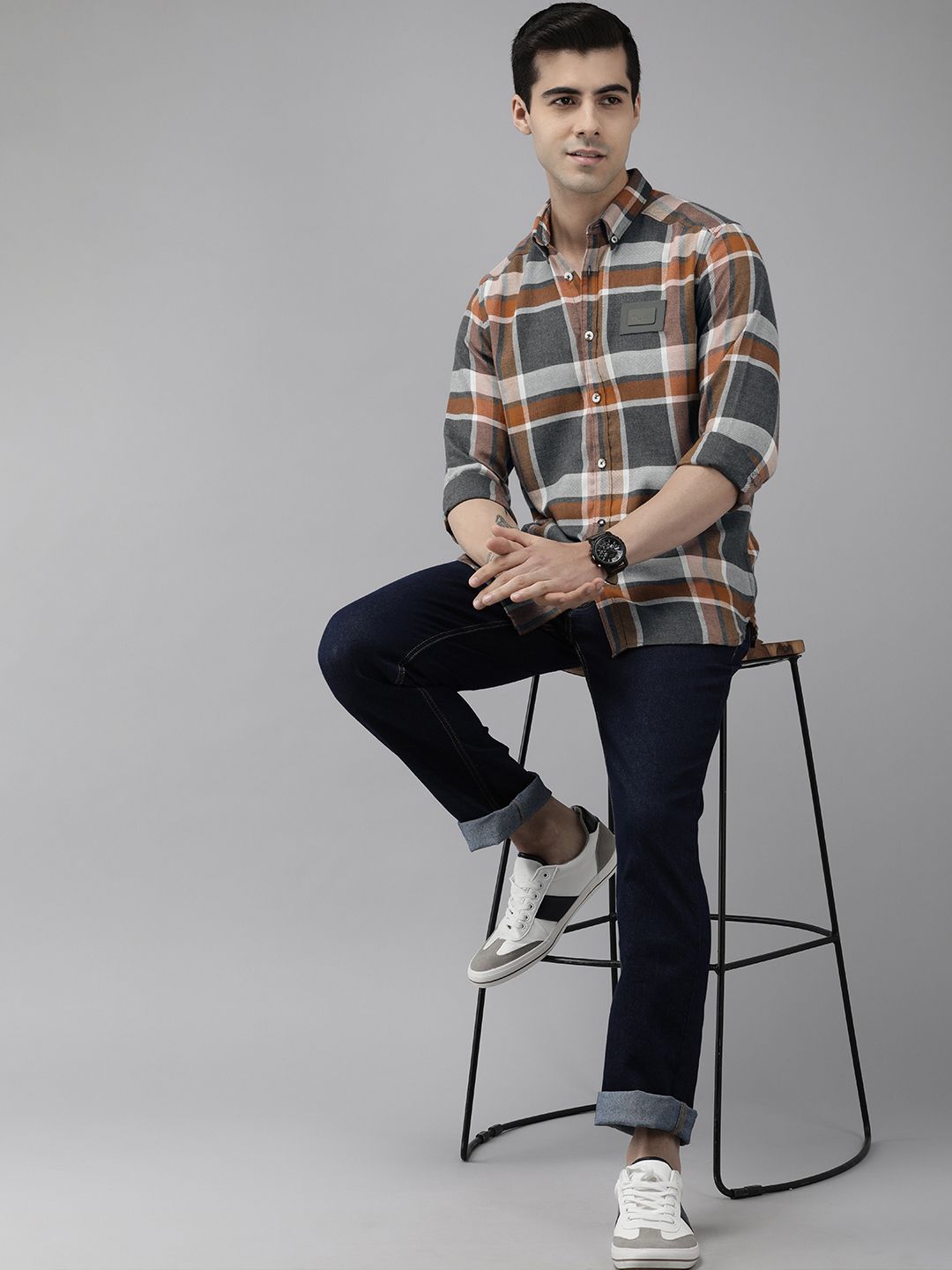 THE BEAR HOUSE Ardor Edition Men Orange Slim Fit Tartan Checked Pure Cotton Casual Shirt