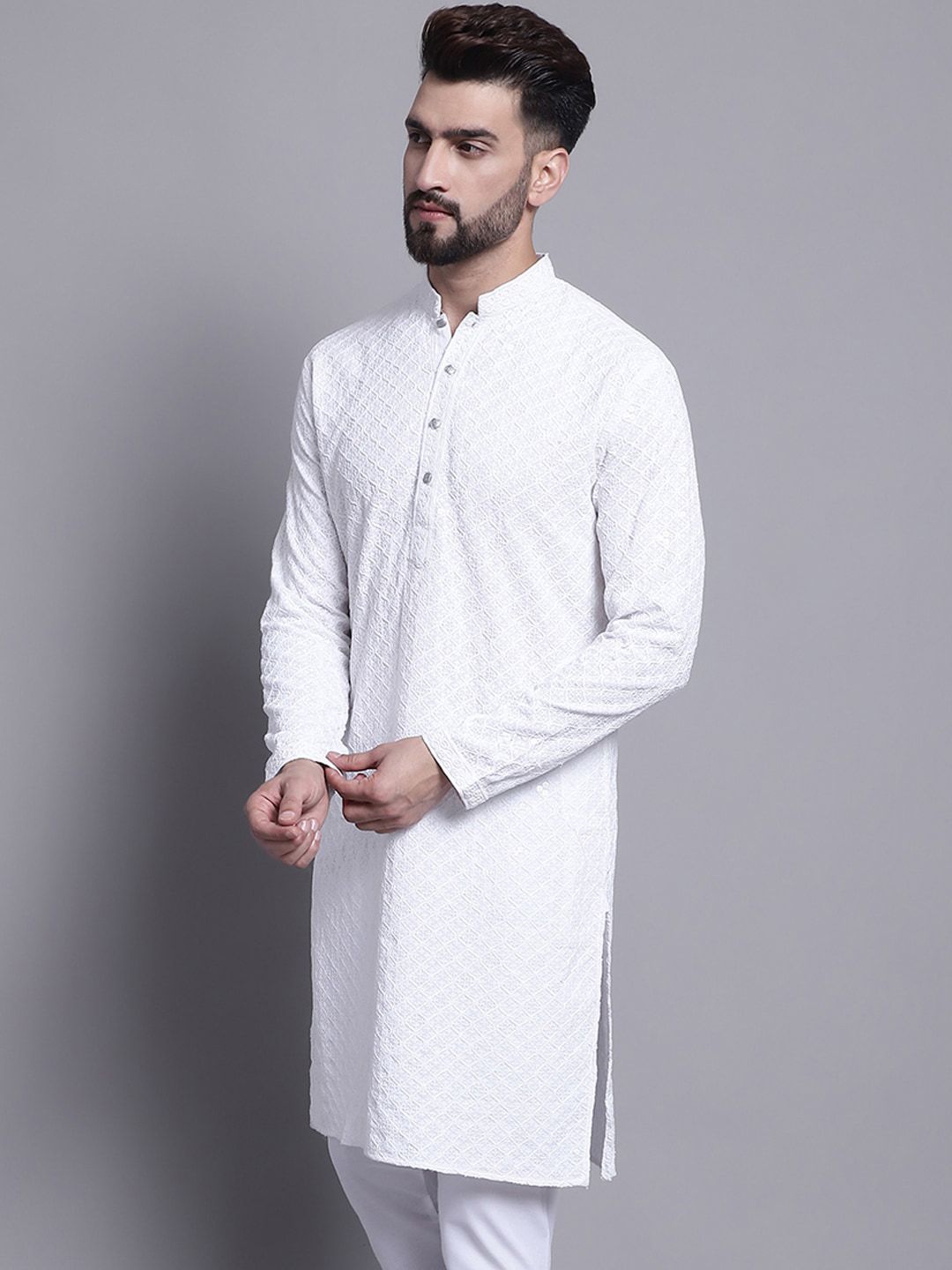 SOJANYA Mandarin Collar Chikankari Embroidered Pure Cotton Kurta