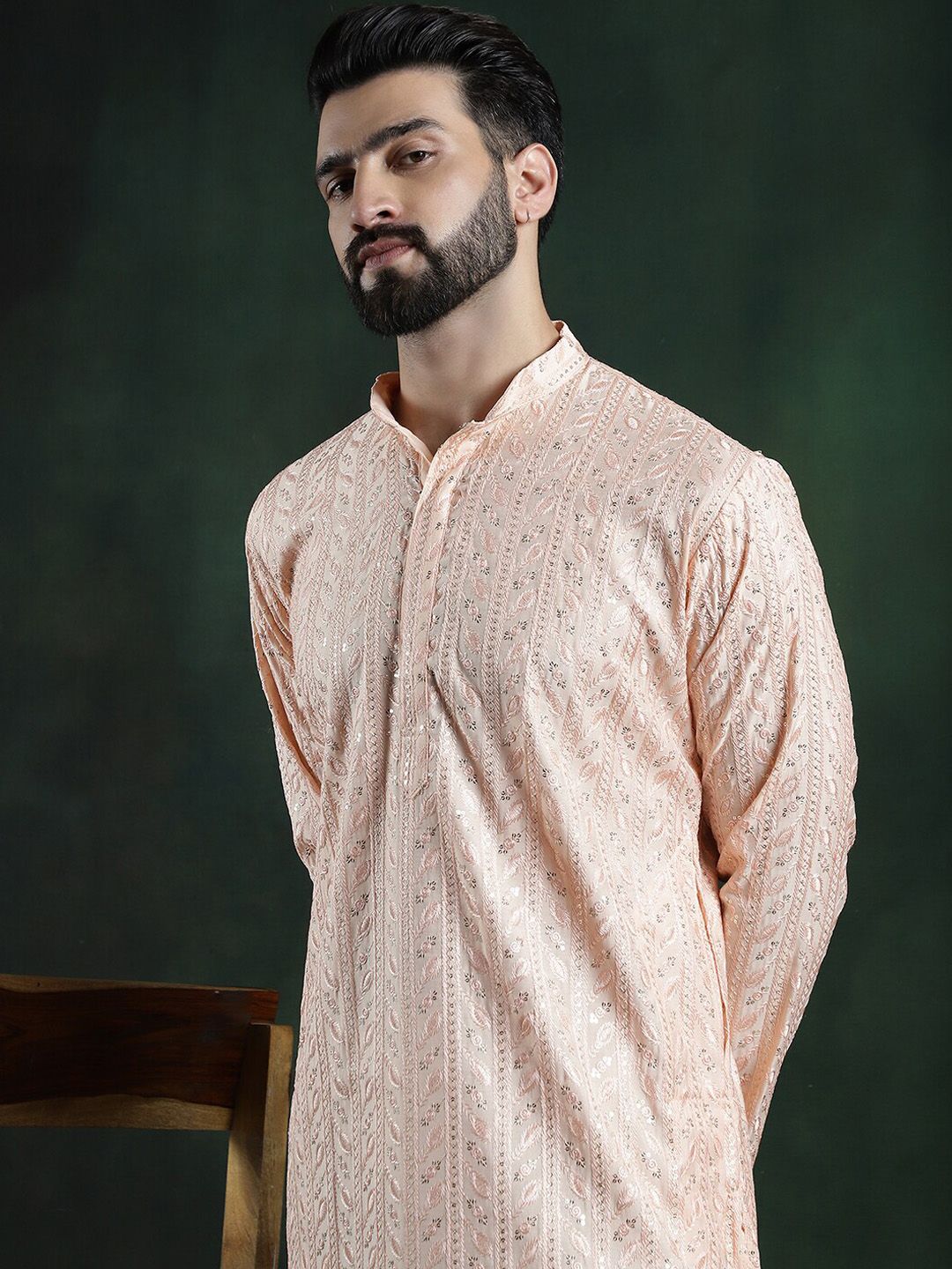 SOJANYA LUXE Woven Design embroidery Mandarin Collar Cotton Silk Kurta