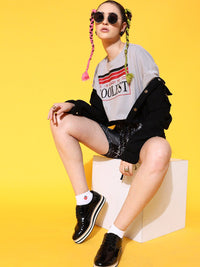 STREET 9 Women Grey Printed Cotton Drop-Shoulder Sleeves Bio Finish Boxy T-shirt