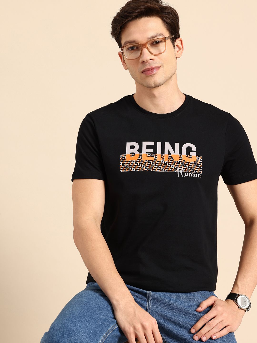 Being Human Brand Logo Printed Pure Cotton Slim Fit T-shirt