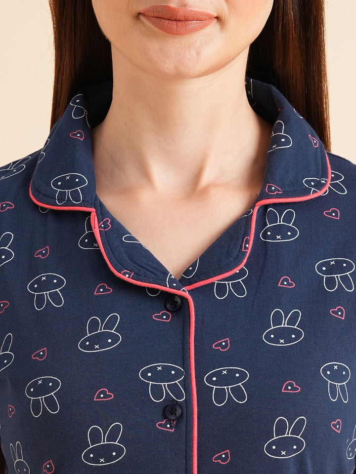 Sweet Dreams Navy Blue & White Conversational Printed Pure Cotton Night Suits