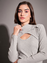 SASSAFRAS Grey High Neck Cut-Out Details Fitted Top