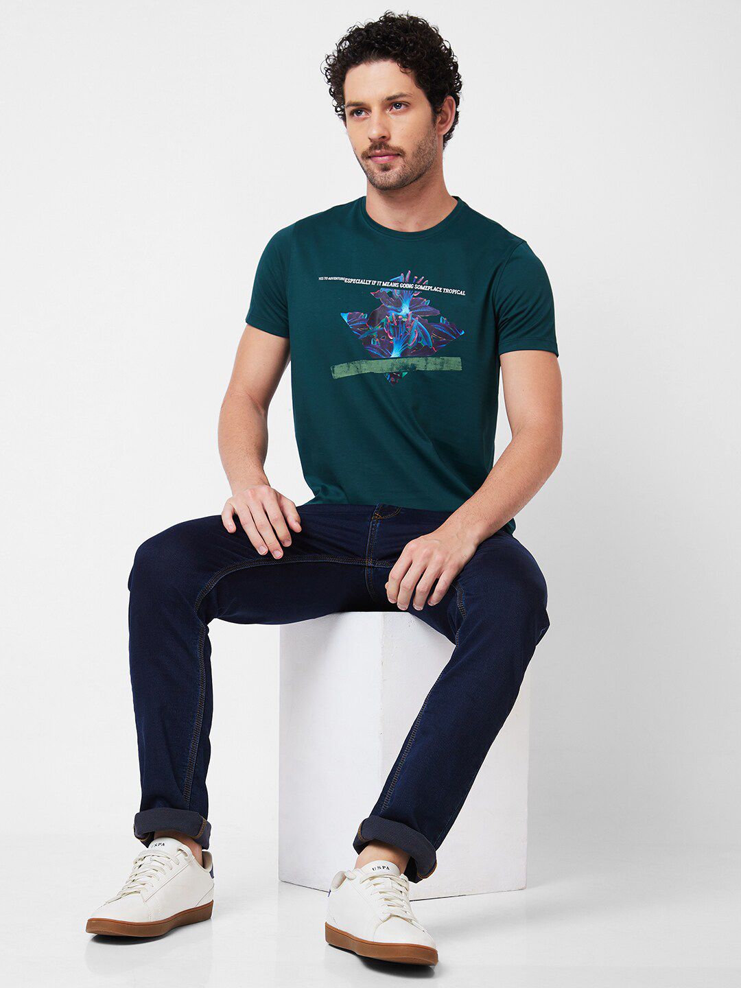 SPYKAR Typography Printed Round Neck Applique Cotton Slim Fit T-shirt