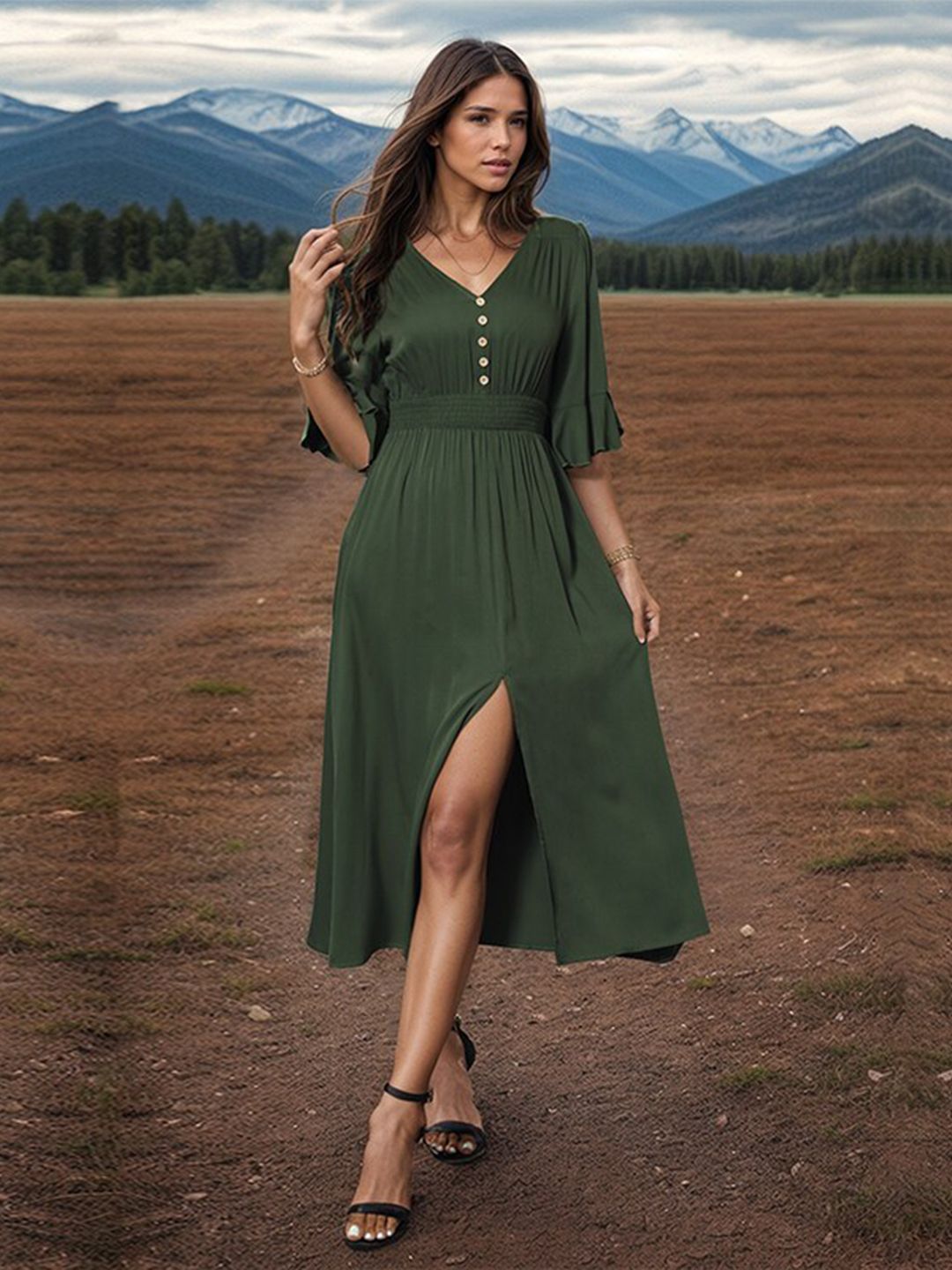 all about you Green V-Neck A-Line Dress