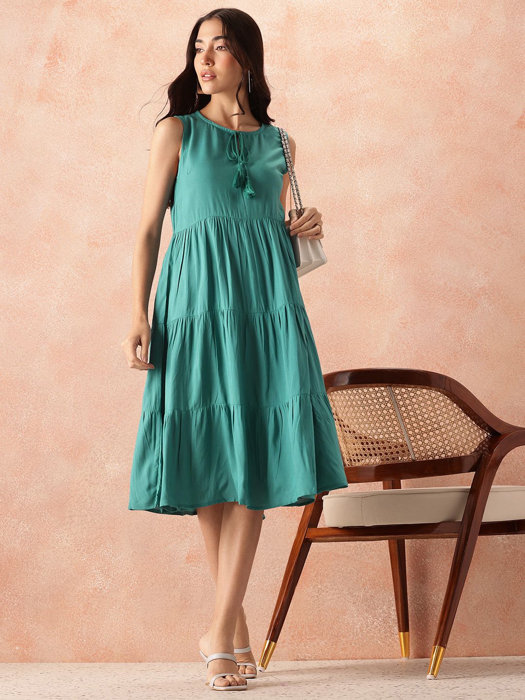 all about you Tie-Up Neck A-Line Tiered Midi Dress