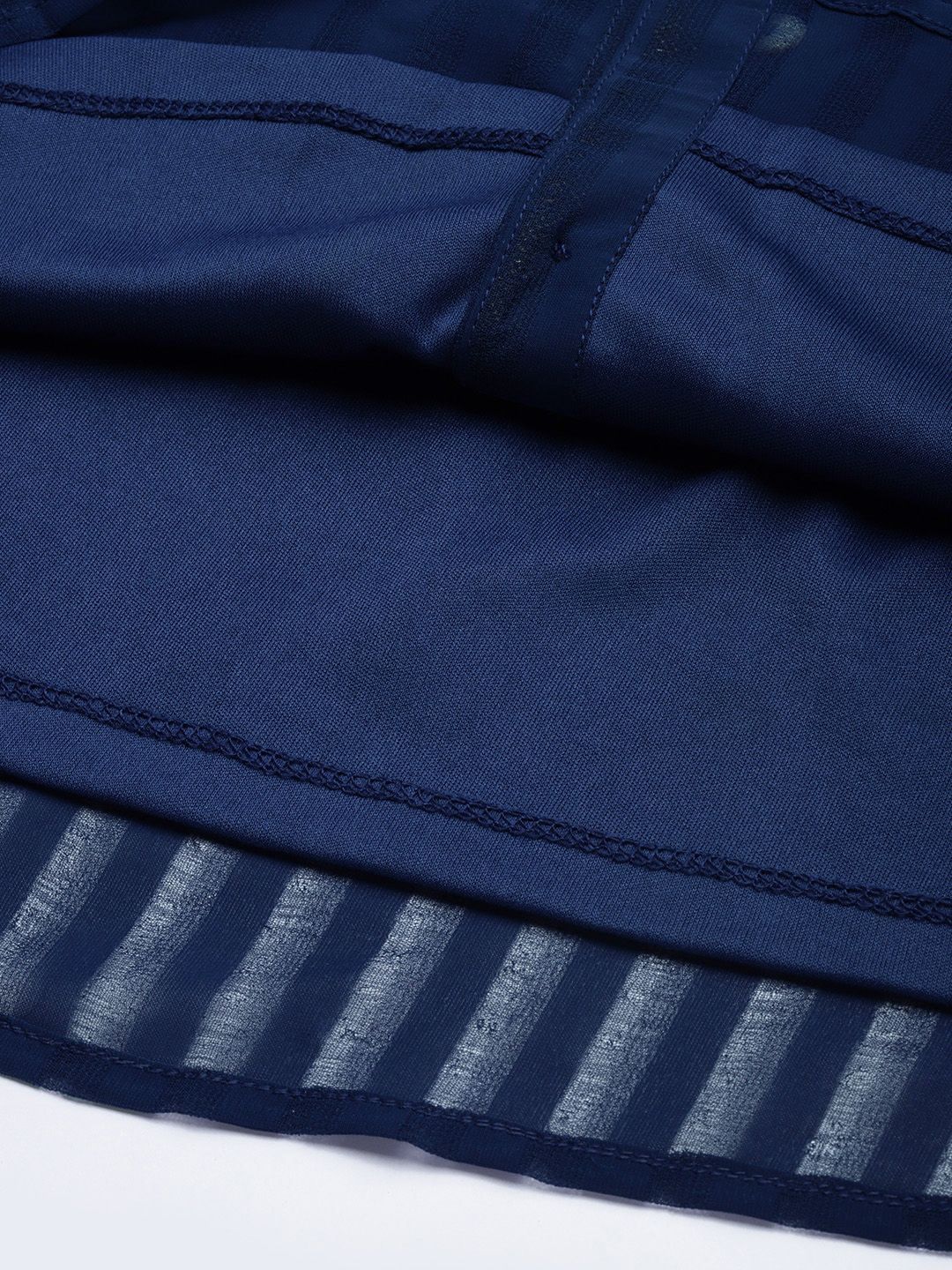 all about you Women Navy Blue Self Design Stripes V-Neck Casual Shirt